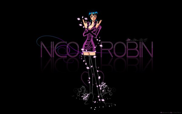 Anime picture 1920x1200 with one piece toei animation nico robin oda eiichirou single long hair looking at viewer fringe highres breasts black hair simple background smile wide image standing cleavage full body blunt bangs character names black background