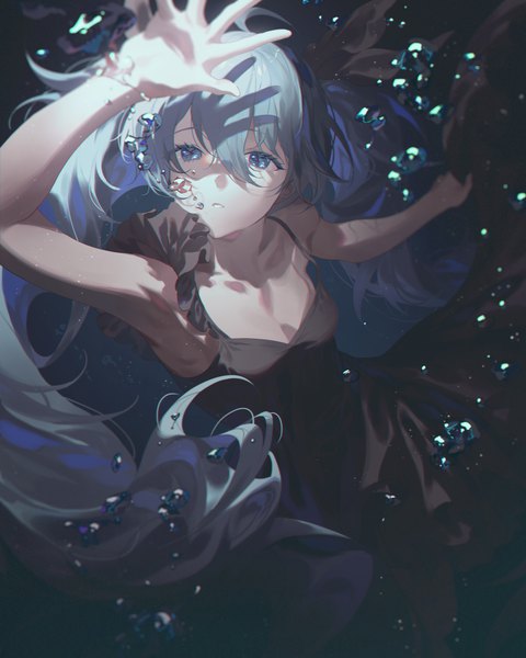 Anime picture 3200x4000 with vocaloid shinkai shoujo (vocaloid) hatsune miku fajyobore single long hair tall image fringe highres breasts hair between eyes twintails absurdres cleavage parted lips arm up aqua eyes from above blurry aqua hair