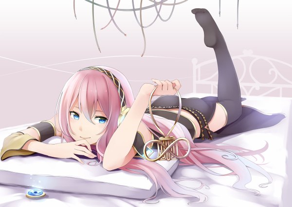 Anime picture 1406x1000 with vocaloid megurine luka retsuna single long hair fringe blue eyes holding looking away pink hair full body bent knee (knees) lying light smile legs soles girl thighhighs dress black thighhighs