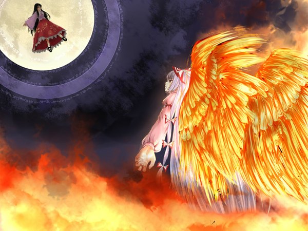 Anime picture 1280x960 with touhou fujiwara no mokou houraisan kaguya ryuushou long hair black hair red eyes multiple girls sky silver hair cloud (clouds) very long hair night wallpaper looking up smoke weightlessness girl dress skirt