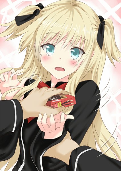 Anime picture 708x1000 with quiz magic academy shalon arudehido long hair tall image looking at viewer blush fringe open mouth blue eyes simple background blonde hair head tilt fingernails two side up embarrassed dark skin pov girl uniform