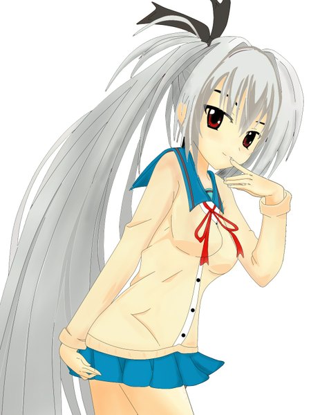 Anime picture 1200x1600 with dracu-riot! yuzusoft elena olegovna owen tagme (artist) single tall image looking at viewer fringe simple background red eyes white background ponytail very long hair grey hair finger to mouth girl skirt uniform ribbon (ribbons) hair ribbon