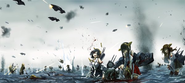 Аниме картинка 1500x677 с флотская коллекция kongou battleship haruna battleship kirishima battleship hiei battleship kyokucho длинные волосы короткие волосы открытый рот голубые глаза светлые волосы каштановые волосы широкое изображение несколько девушек небо традиционная одежда японская одежда серые волосы серые глаза дым