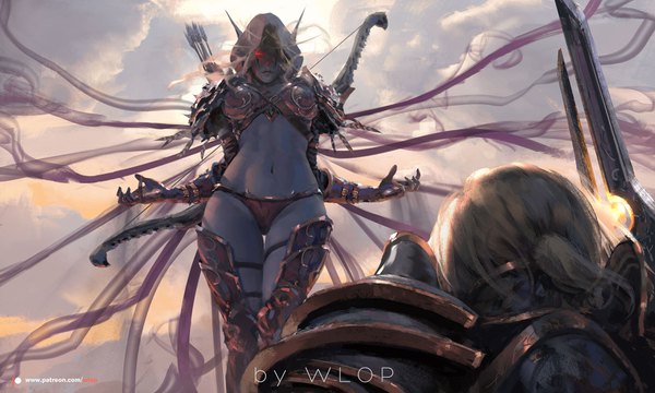 Anime picture 1600x960 with world of warcraft blizzard entertainment sylvanas windrunner anduin wrynn wlop short hair breasts light erotic blonde hair red eyes wide image multiple girls signed cloud (clouds) pointy ears from behind from below glowing watermark looking down