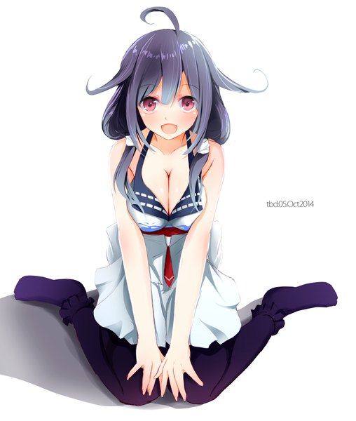 Anime picture 1693x2000 with kantai collection taigei light aircraft carrier tebi (tbd11) single long hair tall image blush breasts open mouth light erotic simple background smile large breasts white background sitting twintails signed cleavage purple hair ahoge