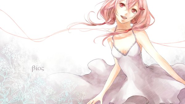 Anime picture 1434x806 with guilty crown production i.g yuzuriha inori yoma (pixiv) single long hair looking at viewer red eyes wide image twintails bare shoulders pink hair open clothes happy girl dress hair ornament white dress hairclip sundress