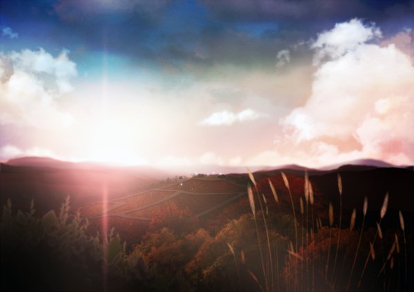 Аниме картинка 2000x1413 с оригинальное изображение hono mochizuki высокое разрешение небо облако (облака) вечер закат горизонт гора (горы) поле солнце