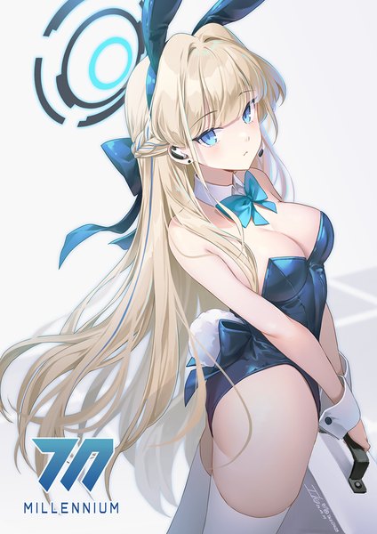 Anime-Bild 919x1300 mit blue archive toki (blue archive) toki (bunny) (blue archive) ika (4801055) single long hair tall image looking at viewer breasts blue eyes light erotic blonde hair standing animal ears cleavage tail animal tail bunny ears official alternate costume fake animal ears