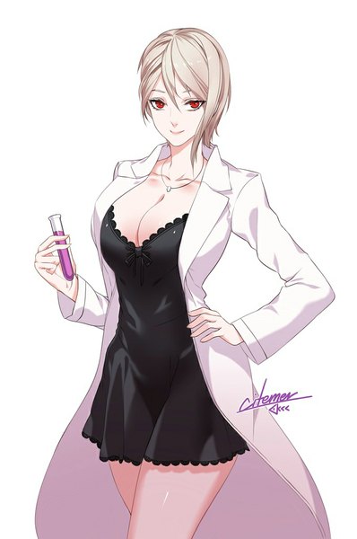 Anime picture 680x1024 with shokugeki no soma j.c. staff nakiri alice gu-ko citemer tall image looking at viewer fringe short hair breasts light erotic simple background smile red eyes large breasts white background grey hair hand on hip girl dress choker