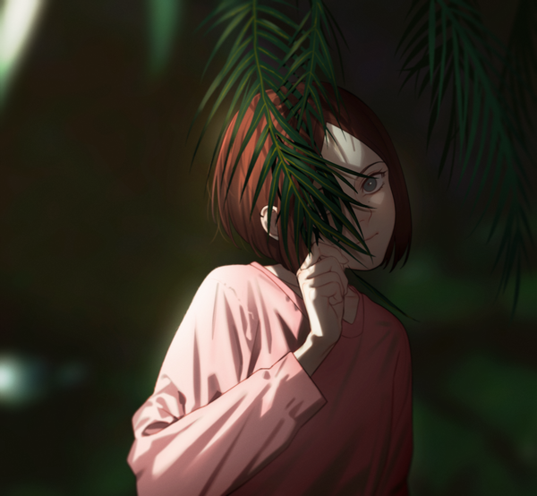 Anime picture 1257x1161 with original e7 (runaway162) single looking at viewer short hair brown hair holding upper body head tilt sunlight blurry grey eyes depth of field covering eye (eyes) girl leaf (leaves) sweater