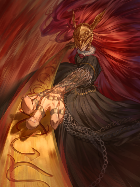 Anime picture 2700x3600 with elden ring malenia blade of miquella tomi (user etxn7372) single long hair tall image highres standing red hair floating hair outstretched arm girl dress weapon black dress helmet blade