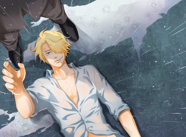 Anime picture 1149x851 with one piece toei animation roronoa zoro sanji fringe short hair blue eyes blonde hair lying hair over one eye rain open collar twisty sleeves boy shirt cigarette puddle