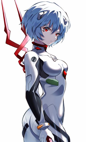 Anime picture 2618x4304 with neon genesis evangelion gainax ayanami rei pension z single tall image fringe highres short hair simple background hair between eyes red eyes standing white background blue hair girl bodysuit pilot suit lance of longinus (evangelion)
