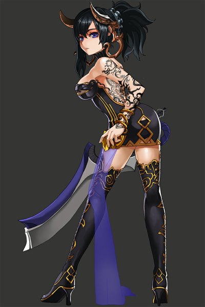 Anime picture 750x1125 with blade & soul lhu (artist) single tall image short hair light erotic black hair simple background purple eyes horn (horns) tattoo black background girl thigh boots