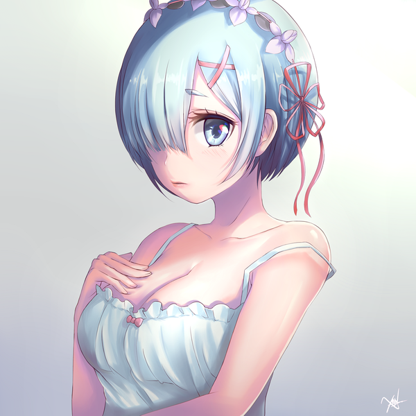 Anime picture 1404x1404 with re:zero kara hajimeru isekai seikatsu white fox rem (re:zero) pdxen single looking at viewer fringe short hair breasts blue eyes simple background bare shoulders signed blue hair upper body hair over one eye gradient background hand on chest strap slip girl