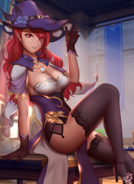 Anime picture 2360x3240 with persona 3 genshin impact persona lisa (genshin impact) kirijou mitsuru fluffydus single long hair tall image looking at viewer fringe highres breasts light erotic red eyes large breasts sitting signed cleavage bent knee (knees)