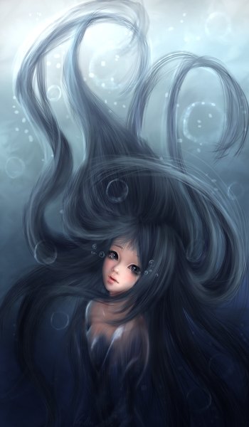 Anime picture 1400x2400 with ximbixill single long hair tall image light erotic black hair lips black eyes light underwater girl bubble (bubbles)