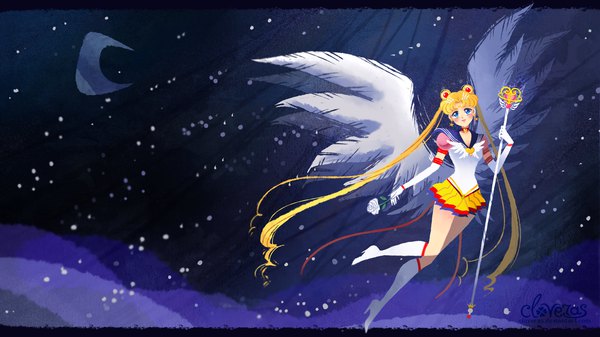 Anime picture 1920x1080 with bishoujo senshi sailor moon toei animation tsukino usagi sailor moon eternal sailor moon cloveras single blush highres blue eyes blonde hair wide image twintails holding signed full body bent knee (knees) very long hair head tilt pleated skirt