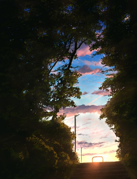 Anime picture 1120x1468 with original mks tall image sky cloud (clouds) evening sunset no people landscape plant (plants) tree (trees) stairs power lines