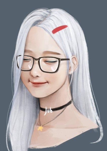 Anime picture 1191x1684 with original mio (jubi) jubi (regiana) single long hair tall image smile signed white hair eyes closed realistic grey background lipstick portrait red lipstick girl choker glasses hairclip star (symbol)