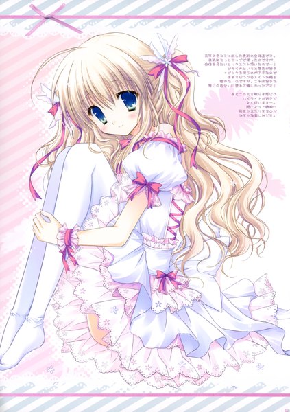 Anime picture 2449x3470 with hasekura chiaki single long hair tall image blush highres blue eyes blonde hair smile two side up hieroglyph leg hug girl thighhighs dress white thighhighs