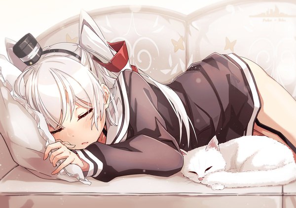 Anime picture 1400x988 with kantai collection amatsukaze destroyer takanashi kei (hitsujikan) single long hair blush fringe holding white hair indoors lying eyes closed long sleeves parted lips bare legs two side up thighs on side sleeping girl