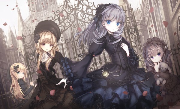 Anime picture 1637x998 with original missle228 long hair blue eyes blonde hair red eyes wide image purple eyes multiple girls wind grey hair loli lolita fashion goth-loli architecture girl dress hat petals frills