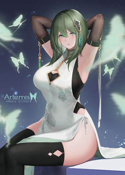 Anime picture 2381x3340 with original hayabusa single long hair tall image looking at viewer blush fringe highres breasts open mouth light erotic simple background hair between eyes large breasts sitting signed cleavage traditional clothes aqua eyes