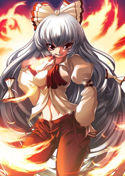 Anime picture 1200x1690 with touhou fujiwara no mokou torisan single tall image looking at viewer breasts smile red eyes silver hair very long hair girl bow hair bow pants flame