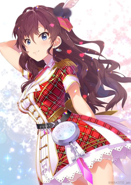 イラスト 850x1200 と アイドルマスター アイドルマスターシンデレラガールズ idolmaster cinderella girls starlight stage 一ノ瀬志希 観月真 ソロ 長髪 長身像 カメラ目線 前髪 青い目 hair between eyes 茶色の髪 arm behind head plaid アクロス・ザ・スターズ 女の子 ドレス 耳飾り ハート