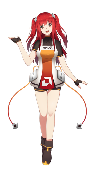 Anime picture 586x1024 with amd ryfa single long hair tall image looking at viewer fringe breasts open mouth smile large breasts standing brown eyes full body red hair arm up two side up transparent background rendered girl