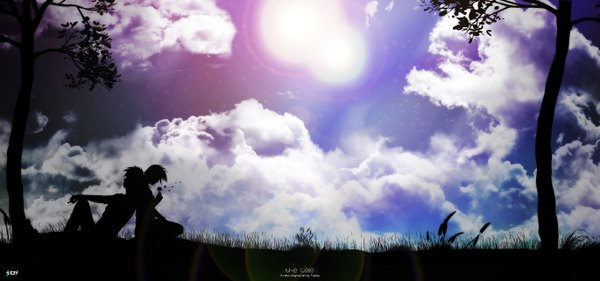 Anime picture 2738x1283 with original toyboj highres wide image sky cloud (clouds) inscription light landscape scenic back to back silhouette dualscreen girl boy plant (plants) tree (trees) cigarette