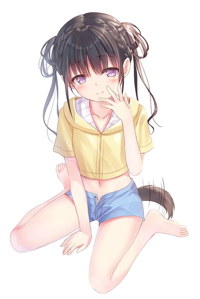 Anime picture 1280x1916 with original na-ga single tall image looking at viewer blush fringe short hair black hair simple background smile white background sitting purple eyes full body tail braid (braids) animal tail barefoot bare legs