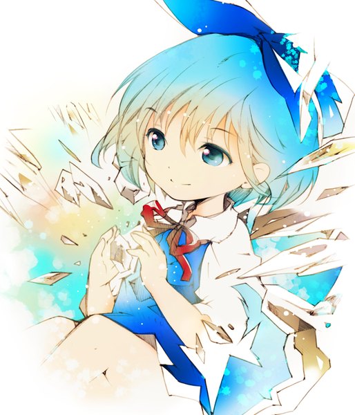 Anime picture 900x1051 with touhou cirno ichizen (o tori) single tall image short hair blue eyes simple background smile white background sitting blue hair looking away girl dress bow hair bow wings ice