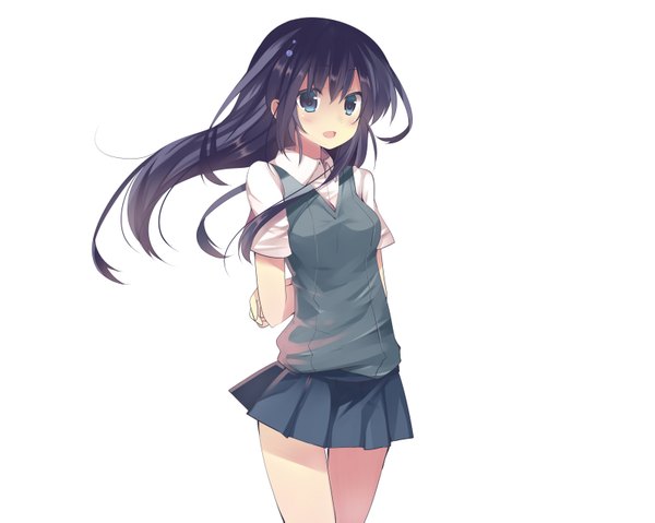 Anime picture 1594x1275 with original mishima kurone single long hair looking at viewer blush open mouth blue eyes black hair simple background white background girl skirt miniskirt shirt vest