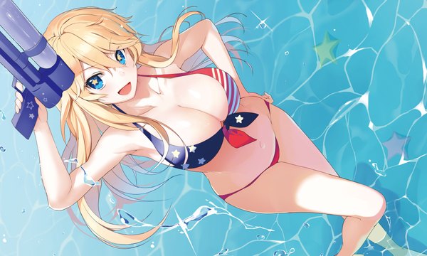 Anime picture 4096x2461 with kantai collection iowa (kantai collection) nanotaro single long hair looking at viewer blush fringe highres breasts open mouth blue eyes light erotic blonde hair hair between eyes wide image large breasts absurdres :d from above