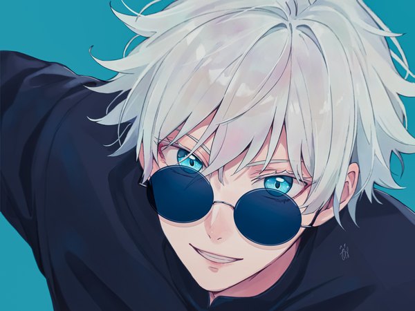 Anime picture 4000x3000 with jujutsu kaisen mappa gojou satoru 0cat single looking at viewer highres short hair simple background smile absurdres silver hair upper body aqua eyes grin aqua background boy sunglasses