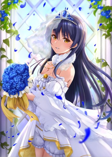 Anime picture 831x1164 with love live! school idol project love live! school idol festival sunrise (studio) love live! sonoda umi ca ba ya ki single long hair tall image looking at viewer blush fringe light erotic smile hair between eyes standing holding yellow eyes payot blue hair