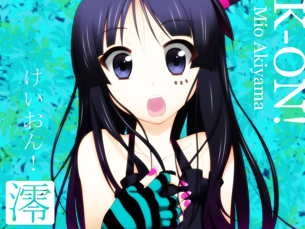 Anime picture 1600x1200 with k-on! kyoto animation akiyama mio akino sora single long hair looking at viewer fringe open mouth blue eyes black hair bare shoulders payot upper body nail polish fingernails copyright name character names surprised girl