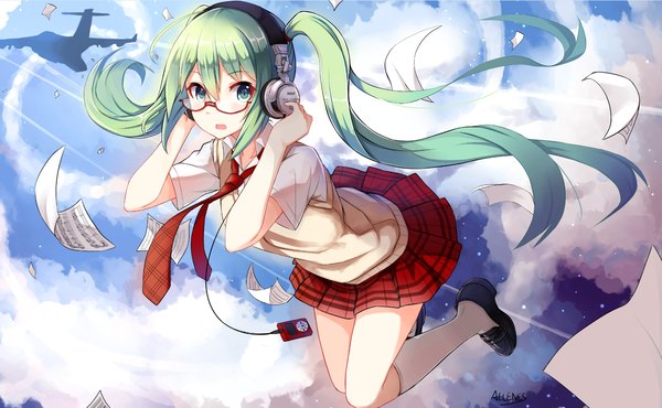 Anime picture 1511x932 with vocaloid hatsune miku allenes single looking at viewer blue eyes hair between eyes wide image twintails very long hair aqua hair hand on headphones girl skirt socks glasses necktie headphones white socks paper