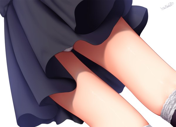 Anime picture 1600x1152 with original wsman single light erotic simple background standing white background signed pleated skirt dutch angle pantyshot close-up head out of frame girl thighhighs skirt underwear panties black skirt white panties