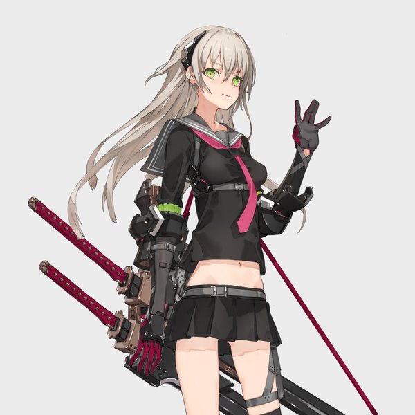 Anime picture 1150x1150 with original yucca-612 (neco) single long hair looking at viewer fringe simple background hair between eyes standing green eyes pleated skirt arm up light smile grey hair grey background floating hair mecha musume girl skirt gloves