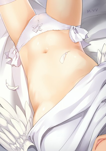 Anime picture 704x1000 with original mvv single tall image light erotic signed lying lips bare belly on back angel wings head out of frame girl navel underwear panties wings feather (feathers) side-tie panties