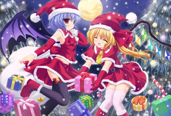 Anime picture 2011x1376 with touhou flandre scarlet remilia scarlet shimotsuki keisuke blush highres short hair open mouth blonde hair red eyes multiple girls blue hair eyes closed fur trim christmas merry christmas girl thighhighs skirt gloves