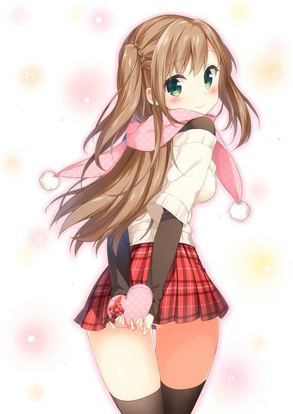 Anime picture 800x1130 with original masuishi kinoto single long hair tall image blush light erotic smile brown hair standing green eyes pleated skirt looking back from behind two side up plaid skirt hands behind back walking valentine girl