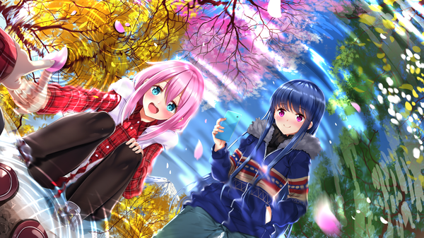 Anime picture 1920x1080 with yurucamp kagamihara nadeshiko shima rin swordsouls long hair blush fringe highres blue eyes smile hair between eyes wide image purple eyes multiple girls blue hair looking away pink hair sky cloud (clouds) long sleeves