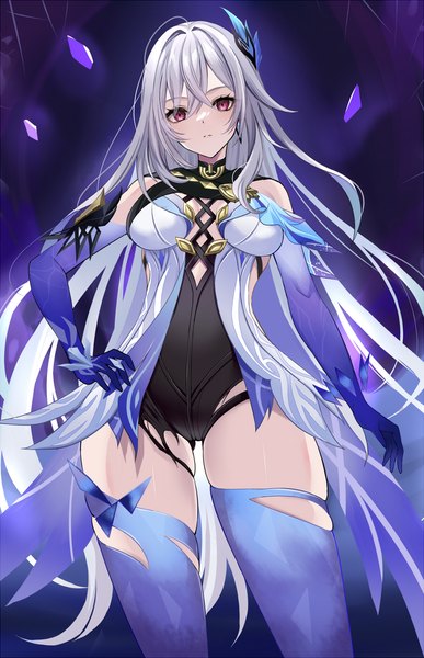 Anime picture 900x1395 with genshin impact skirk (genshin impact) harimoji single long hair tall image looking at viewer fringe light erotic hair between eyes red eyes standing silver hair from below hand on hip skindentation girl thighhighs gloves elbow gloves