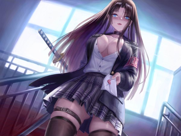 Anime-Bild 1916x1439 mit original kafkasea single long hair looking at viewer blush highres breasts open mouth blue eyes light erotic black hair large breasts standing holding indoors long sleeves pleated skirt open clothes from below