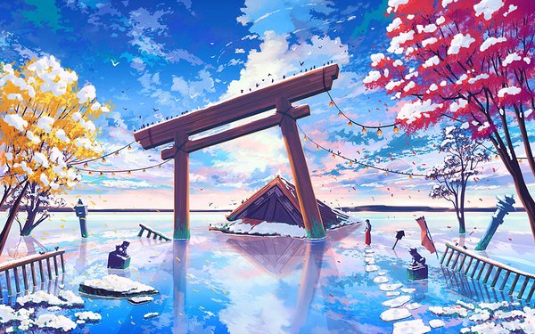 Anime picture 1000x625 with original 108 single wide image sky eyes closed reflection snow miko lake girl plant (plants) animal petals tree (trees) water bird (birds) lantern torii ice