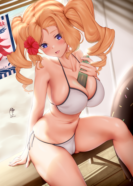 Anime picture 1920x2680 with kantai collection honolulu (kancolle) jiangjin nanyun zhi (kumita) single long hair tall image looking at viewer blush fringe highres breasts open mouth blue eyes light erotic blonde hair smile large breasts sitting twintails holding